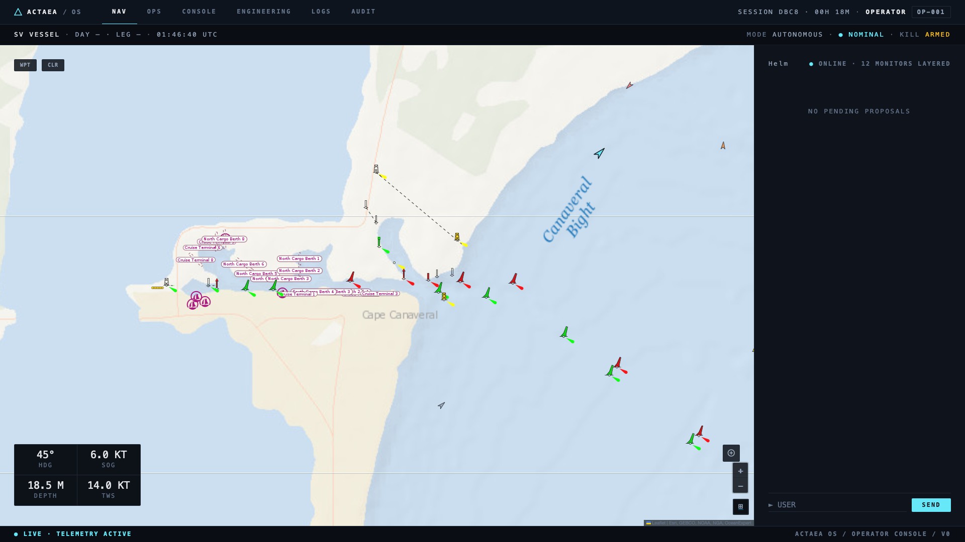 Actaea OS — Operator Console, NAV view with AIS overlay